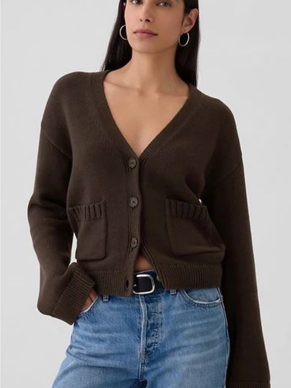 GAP V-Neck Button Front Cotton Cardigan in Chocolate Brown - Fits like Medium